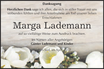 Traueranzeige von Marga Lademann von WVG - Wochenspiegel Bitterfeld