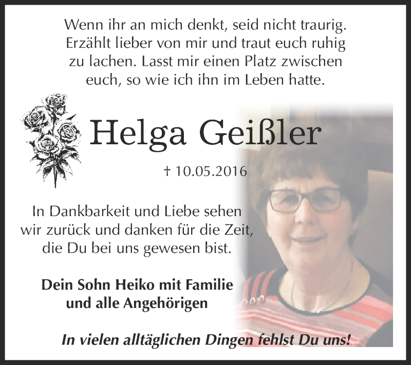  Traueranzeige für Helga Geißler vom 10.05.2017 aus WVG - Wochenspiegel Dessau / Köthen