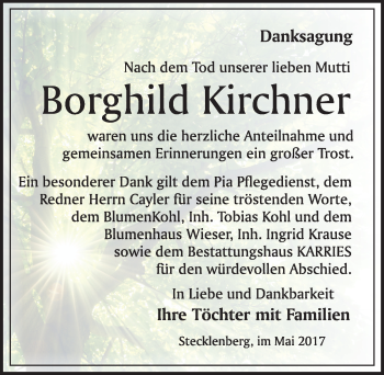 Traueranzeige von Borghild Kirchner von Mitteldeutsche Zeitung Quedlinburg