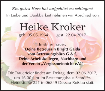 Traueranzeige von Heike Kroker von Mitteldeutsche Zeitung Dessau-Roßlau