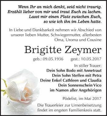Traueranzeige von Brigitte Zeymer von Mitteldeutsche Zeitung Naumburg/Nebra