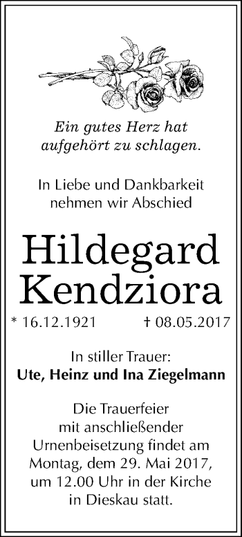 Traueranzeige von Hildegard Kendziora von Mitteldeutsche Zeitung Halle/Saalkreis