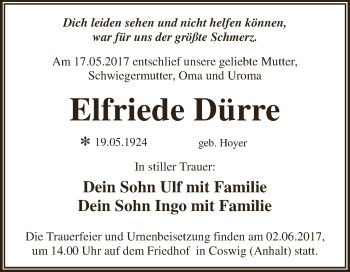 Traueranzeige von Elfriede Dürre von WVG - Wochenspiegel Dessau / Köthen