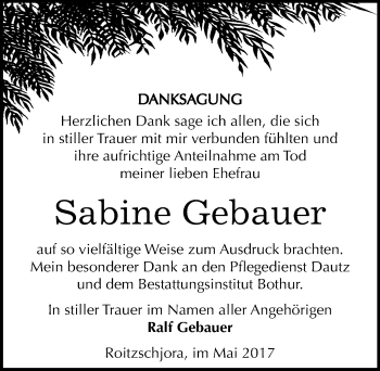 Traueranzeige von Sabine Gebauer von Mitteldeutsche Zeitung Bitterfeld