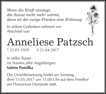 Traueranzeige von Anneliese Patzsch von WVG - Wochenspiegel Merseburg