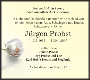 Traueranzeige von Jürgen Probst von Super Sonntag Aschersleben