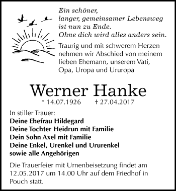 Traueranzeige von Werner Hanke von Mitteldeutsche Zeitung Bitterfeld