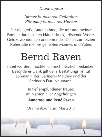 Traueranzeige von Bernd Raven von WVG - Wochenspiegel Wittenberg