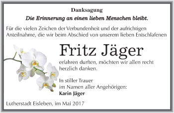 Traueranzeige von Fritz Jäger von Mitteldeutsche Zeitung Mansfelder Land