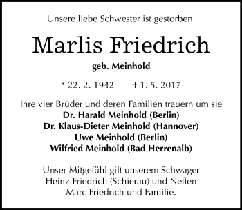 Traueranzeige von Marlis Friedrich von Mitteldeutsche Zeitung Bitterfeld