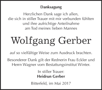 Traueranzeige von Wolfgang Gerber von WVG - Wochenspiegel Bitterfeld