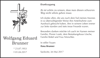 Traueranzeige von Wolfgang Eduard Brunner von WVG - Wochenspiegel Wittenberg