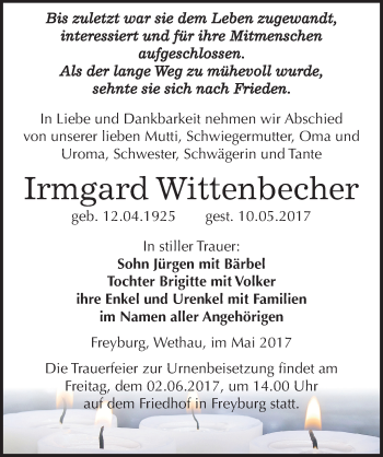 Traueranzeige von Irmgard Wittenbecher von Mitteldeutsche Zeitung Naumburg/Nebra