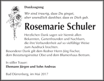 Traueranzeige von Rosemarie Schuler von Super Sonntag Merseburg