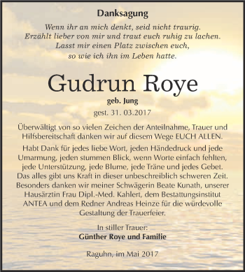 Traueranzeige von Gudrun Roye von WVG - Wochenspiegel Bitterfeld