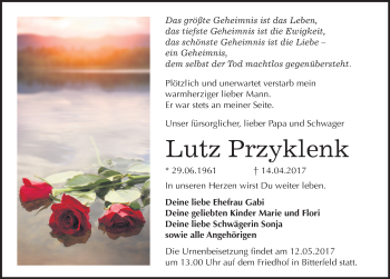Traueranzeige von Lutz Przyklenk von Mitteldeutsche Zeitung Bitterfeld