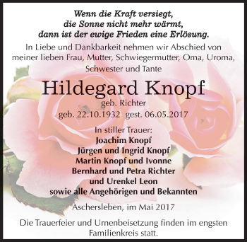 Traueranzeige von Hildegard Knopf von Mitteldeutsche Zeitung Aschersleben