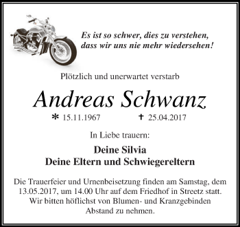 Traueranzeige von Andreas Schwanz von WVG - Wochenspiegel Dessau / Köthen