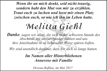 Traueranzeige von Melitta Giehl von WVG - Wochenspiegel Dessau / Köthen