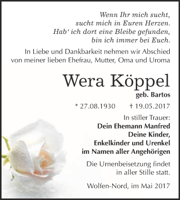 Traueranzeige von Wera Köppel von WVG - Wochenspiegel Bitterfeld