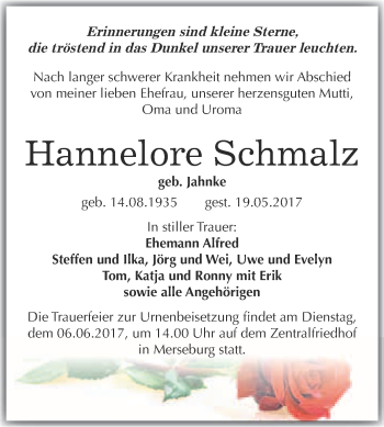 Traueranzeige von Hannelore Schmalz von Super Sonntag Merseburg