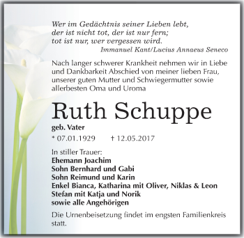 Traueranzeige von Ruth Schuppe von Mitteldeutsche Zeitung Merseburg/Querfurt