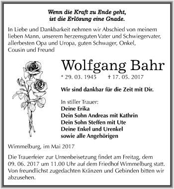 Traueranzeige von Wolfgang Bahr von Mitteldeutsche Zeitung Mansfelder Land