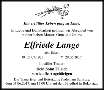 Traueranzeige von Elfriede Lange von Mitteldeutsche Zeitung Wittenberg