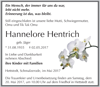 Traueranzeige von Hannelore Hentrich von Mitteldeutsche Zeitung Mansfelder Land