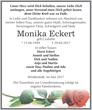 Traueranzeige von Monika Eckert von Mitteldeutsche Zeitung Mansfelder Land