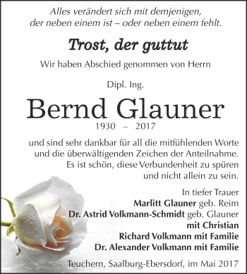 Traueranzeige von Bernd Glauner von Super Sonntag Zeitz