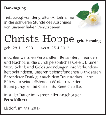 Traueranzeige von Christa Hoppe von Mitteldeutsche Zeitung Köthen