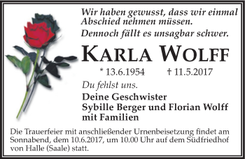 Traueranzeige von Karla Wolff von Mitteldeutsche Zeitung Halle/Saalkreis