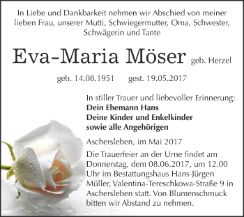 Traueranzeige von Eva-Maria Möser von Super Sonntag Aschersleben