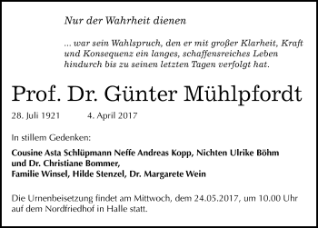 Traueranzeige von Günter Mühlpfordt von Mitteldeutsche Zeitung Halle/Saalkreis