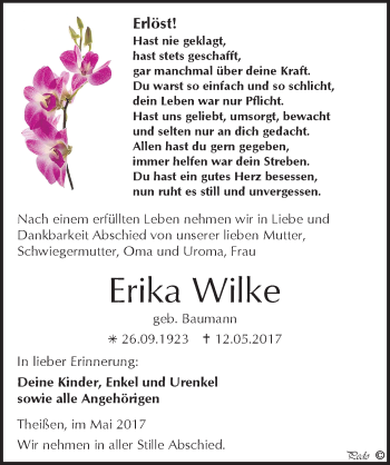 Traueranzeige von Erika Wilke von Mitteldeutsche Zeitung Zeitz