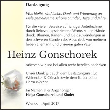 Traueranzeige von Heinz Gonschorek von Super Sonntag Bernburg