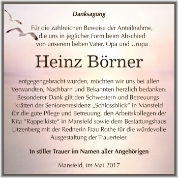 Traueranzeige von Heinz Börner von Wochenspiegel Mansfelder Land
