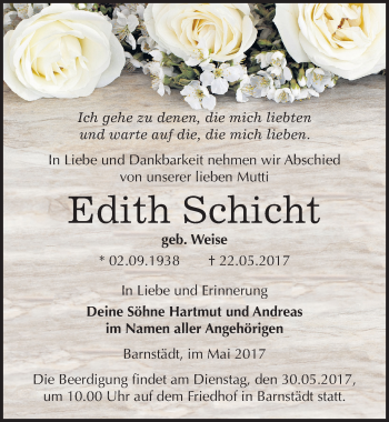 Traueranzeige von Edith Schicht von Mitteldeutsche Zeitung Merseburg/Querfurt