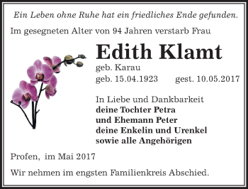 Traueranzeige von Edith Klamt von Mitteldeutsche Zeitung Zeitz