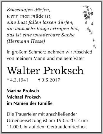 Traueranzeige von Walter Proksch von Mitteldeutsche Zeitung Halle/Saalkreis