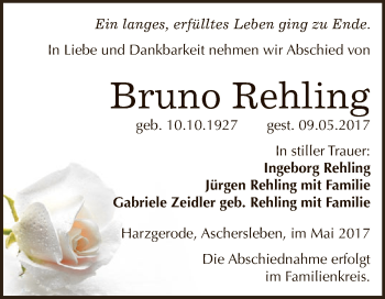 Traueranzeige von Bruno Rehling von Super Sonntag Aschersleben