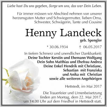 Traueranzeige von Hanny Landeck von Wochenspiegel Mansfelder Land
