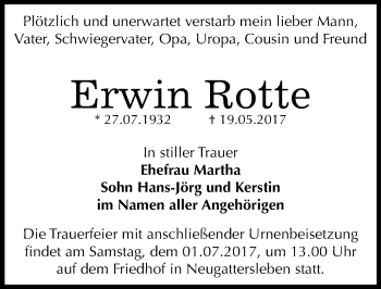 Traueranzeige von Erwin Rotte von Mitteldeutsche Zeitung Bernburg