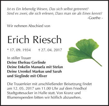 Traueranzeige von Erich Riesch von Mitteldeutsche Zeitung Halle/Saalkreis
