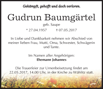 Traueranzeige von Gudrun Baumgärtel von Mitteldeutsche Zeitung Weißenfels