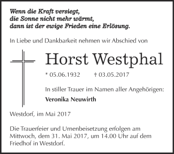 Traueranzeige von Horst Westphal von Super Sonntag Aschersleben