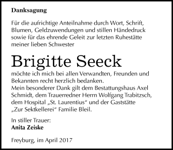 Traueranzeige von Brigitte Seeck von Mitteldeutsche Zeitung Naumburg/Nebra
