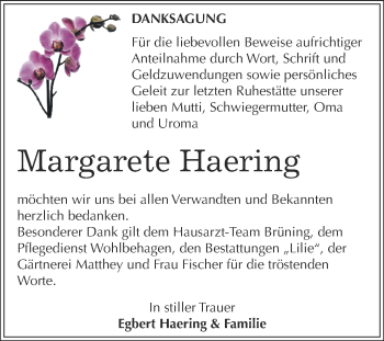 Traueranzeige von Margarete Haering von WVG - Wochenspiegel Dessau / Köthen