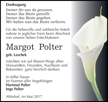 Traueranzeige von Margot Polter von Wochenspiegel Mansfelder Land